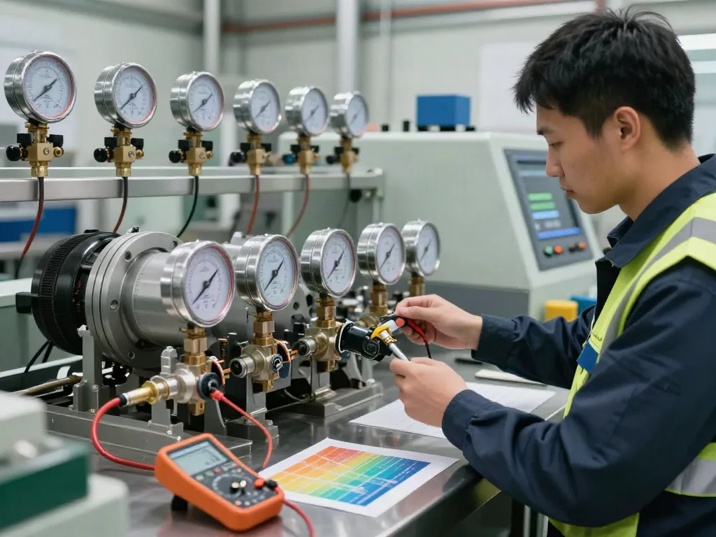 Pressure switch manufacturer demonstrating mechanical pressure switch calibration in an industrial setting