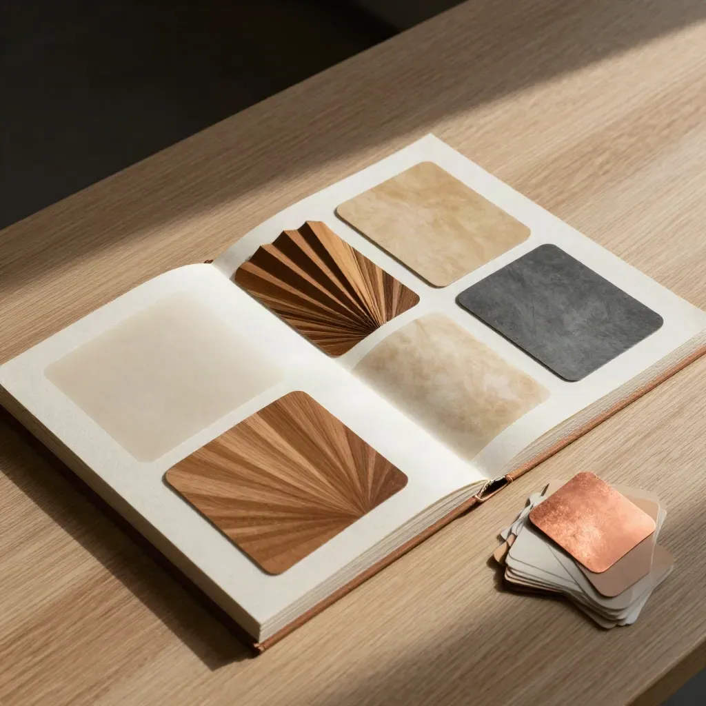 Overhead flatlay of swatches, colour chips and a linen identity guide on pale oak.