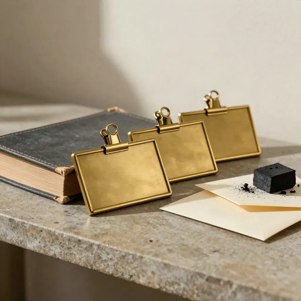 Three brass-plaque name shortlist on stone console with dictionary and sealed envelope.