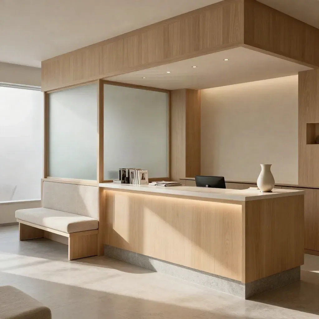 Serene clinic reception with timber, linen seating, frosted glass, and calm daylight.