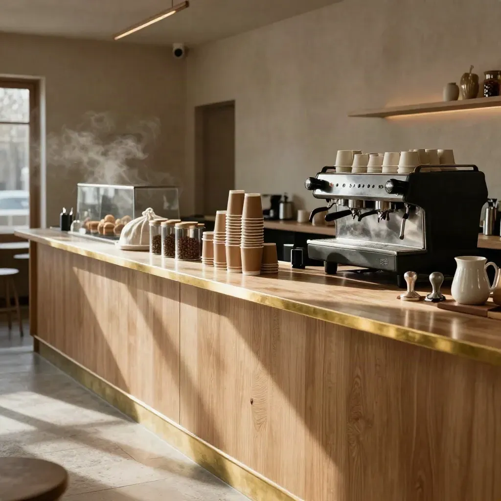 Warm coffee bar counter with cups, bean tins and a pastry dome in soft morning light.