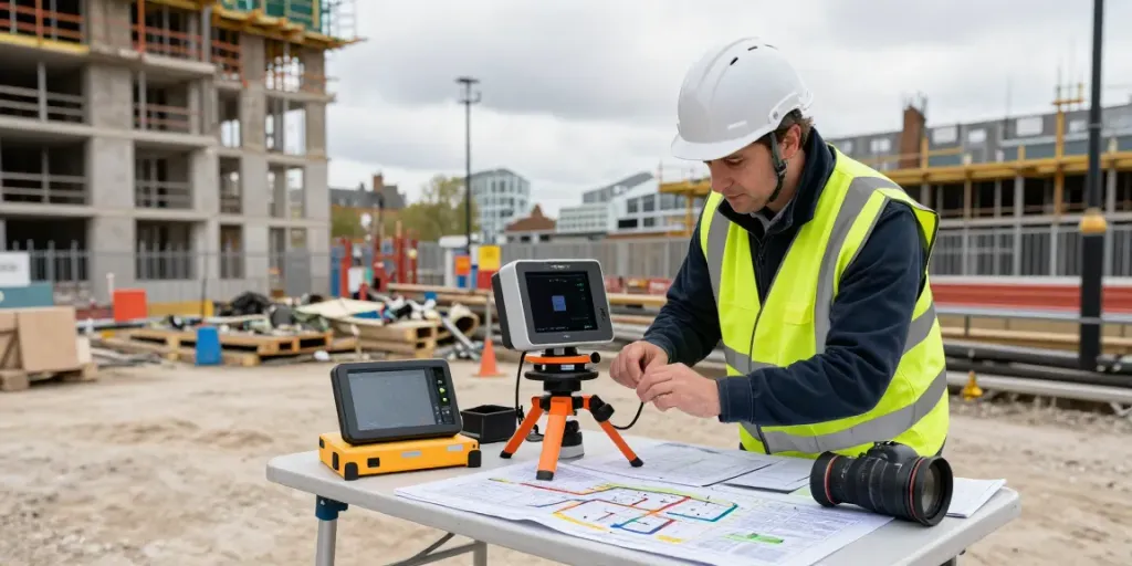 PAS 128 Survey London showcasing a surveyor using advanced GPR equipment on a construction site.